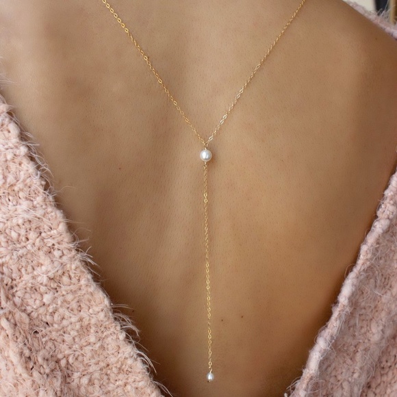 Dainty Blue Jewelry - Dainty Gold Filled Pearl Back Drop Necklace